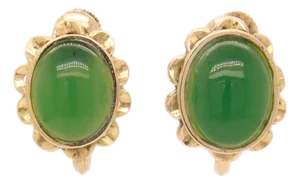 Pair of Vintage 14k Gold & Jade Cabochon Floral Screwback Earrings