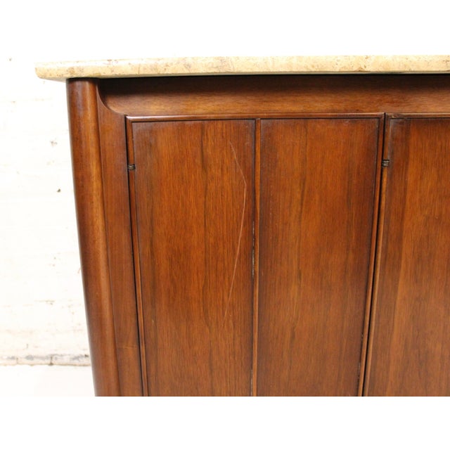 Mid 20th Century Travertine Topped Walnut Credenza in the Hollywood Regency Style For Sale - Image 15 of 16