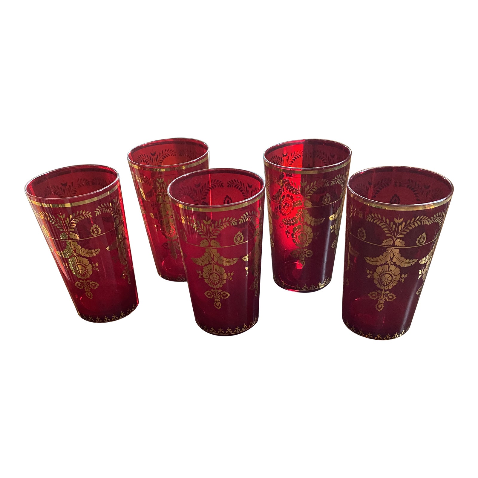 1970s Etched Gold Design Ruby Glass Tumblers Set of 5 Chairish