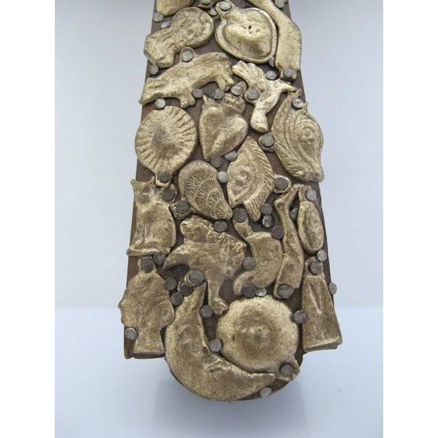 Mexican Folk Art Milagros Wood Cross Nailed Metal Brass Charm Wall Hanging For Sale - Image 4 of 9