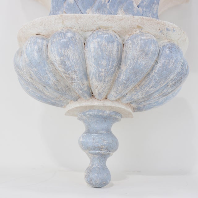 Wood Pair of French Provincial Style Carved Wall Brackets – Aged Blue & White Finish For Sale - Image 7 of 11