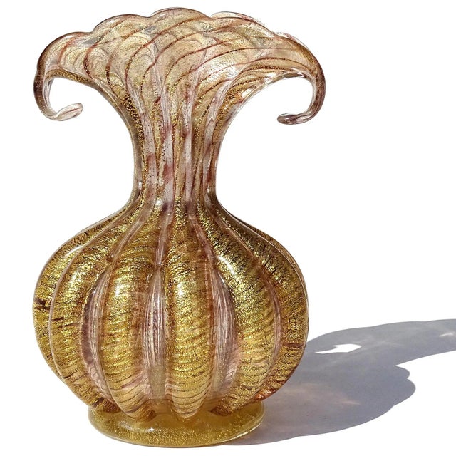 Beautiful vintage Murano hand blown purple and gold flecks Italian art glass footed, with fan shape rim decorative flower...
