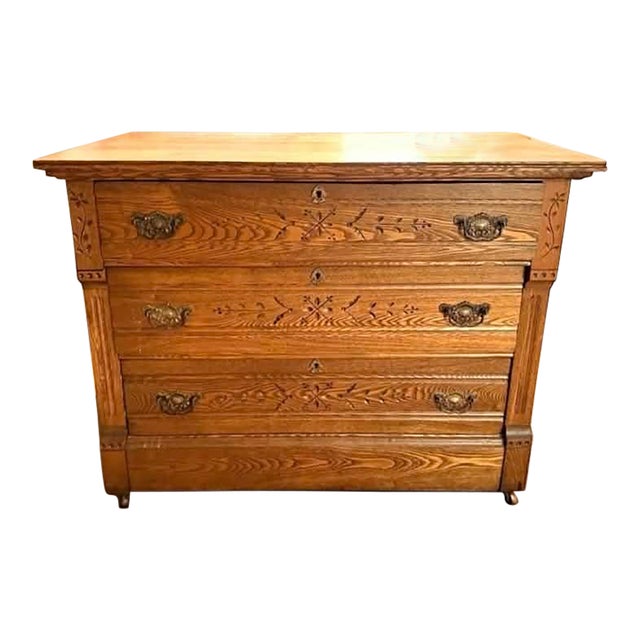 Antique 1800's Eastlake Oak Dresser – Hand Carved – Original Hardware For Sale