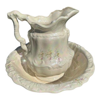 Vintage Victorian Style Iridescent Luster Glazed White Ceramic Pitcher and Basin - A Set For Sale