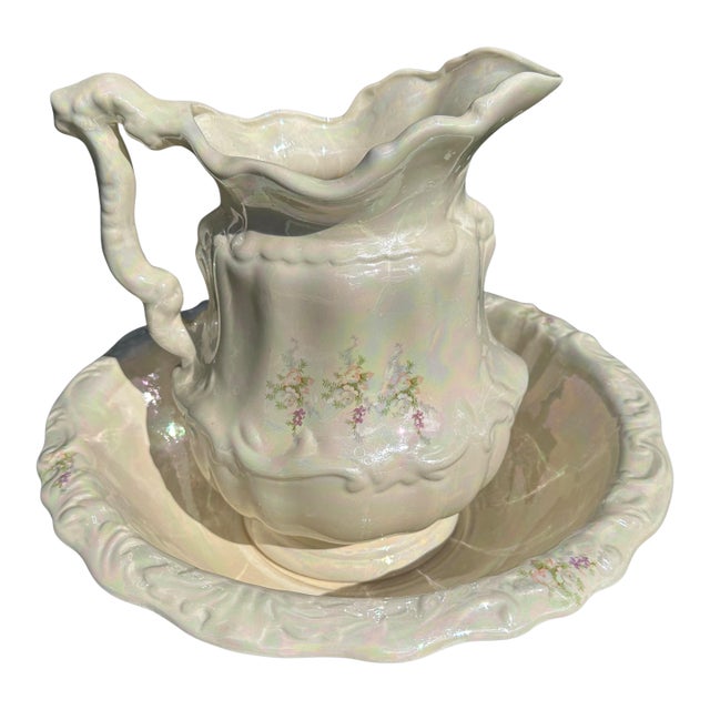 Vintage Victorian Style Iridescent Luster Glazed White Ceramic Pitcher and Basin - A Set For Sale