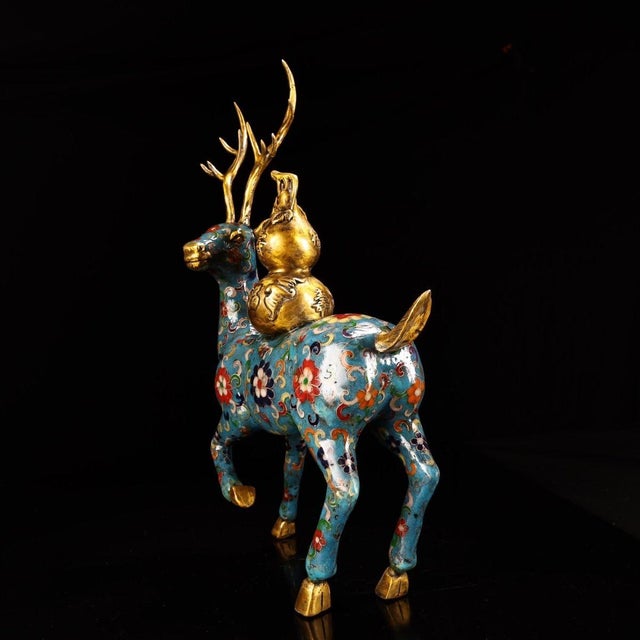 Vintage Cloisonne Enamel Deer With Gourd – 15" Gilt Auspicious Figure For Sale - Image 4 of 10
