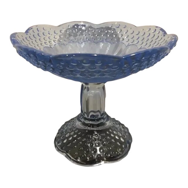 Gorham Crystal Emily’s Attic Blue Round Compote Candy Dish Hobnail For Sale