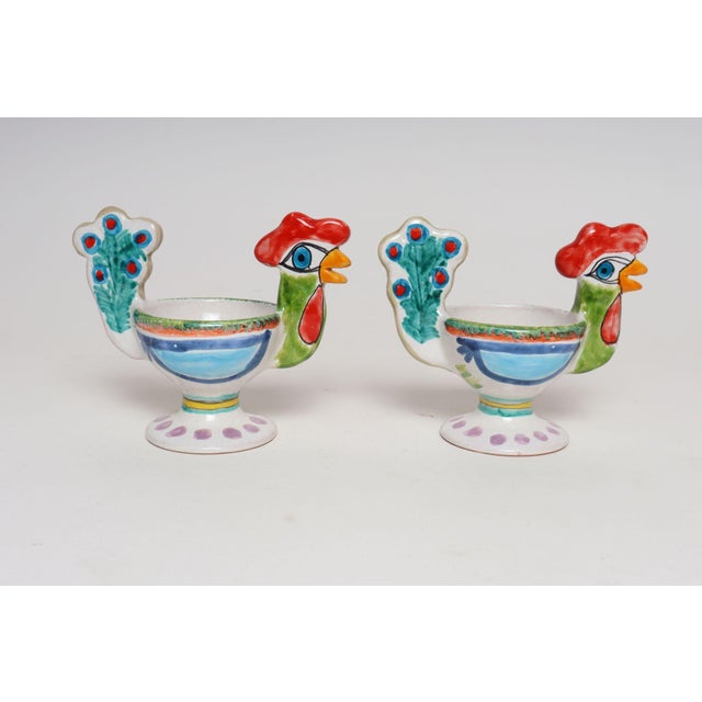 Mid-Century Modern Pair of Hand Painted Vintage Italian Ceramic Rooster Compotes/Vases by De Simone For Sale - Image 3 of 18