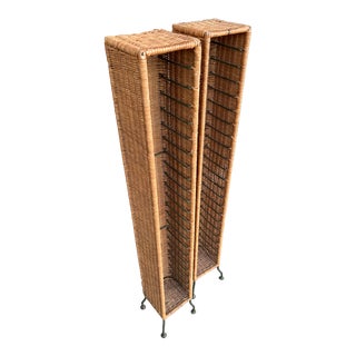 1980s Wicker and Metal CD Tower Pair For Sale