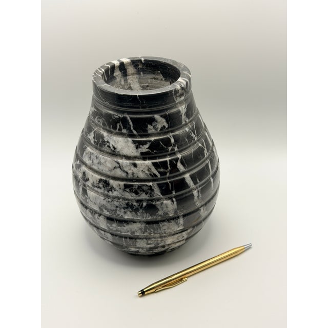 Contemporary Vintage Hand-Carved Black Marble Vase With White Veining For Sale - Image 3 of 4