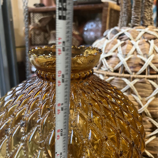 1970s 1970s Fenton Amber Glass Hurricane Lamp on Marble Square Base For Sale - Image 5 of 7