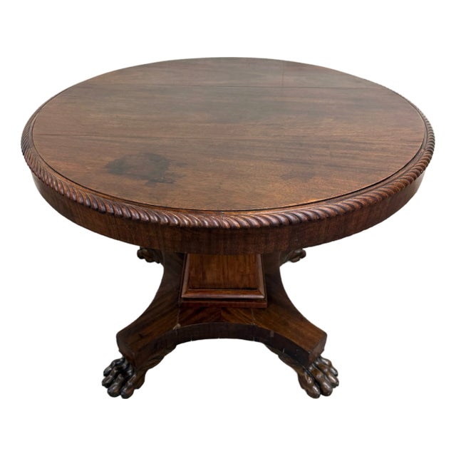 Antique American Empire Carved Mahogany Lion Paw Feet Pedestal Center Table For Sale