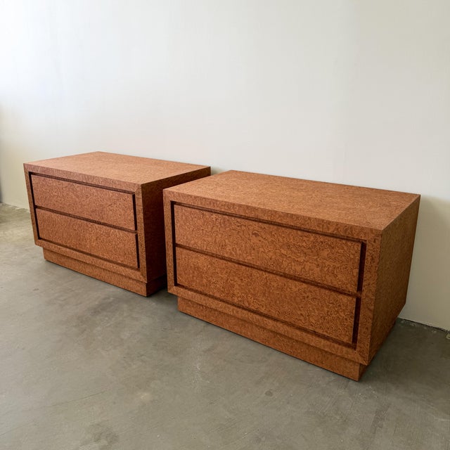 Wood 1980s Postmodern Nightstands in Caramel Burl Veneer – Pair For Sale - Image 7 of 10