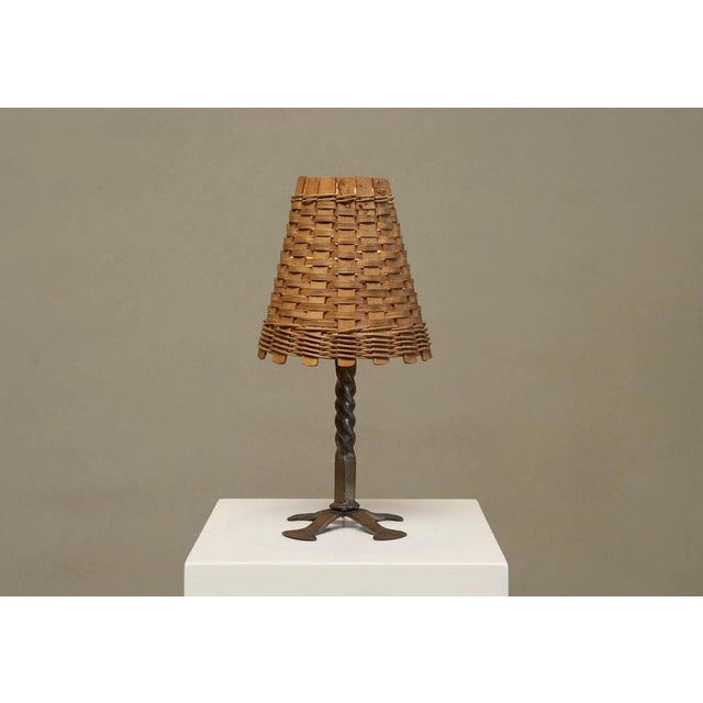 Wood Mid-Century Table Lamp in Wrought Iron with Woven Rattan Shade, 1960s For Sale - Image 7 of 11