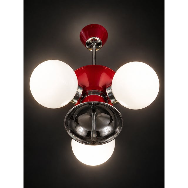 Space Age Pendant Lamp with Three Globes in Red Lacquered Metal, Chrome and Opal Glass, 1970s For Sale - Image 3 of 6