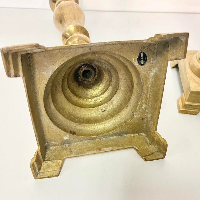 Mid-Century Boho Chic Arts & Crafts Brass Alter Candlestick Holders - A Pair For Sale - Image 11 of 11