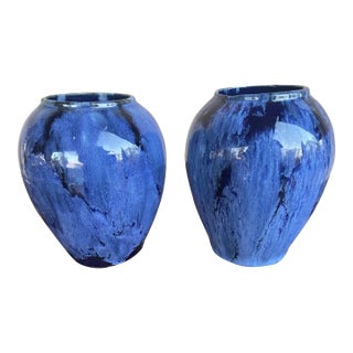 Antique Brush McCoy Cobalt Blue Onyx Art Pottery Drip Glazed Vases 6" - Pair For Sale