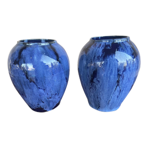 Antique Brush McCoy Cobalt Blue Onyx Art Pottery Drip Glazed Vases 6" - Pair