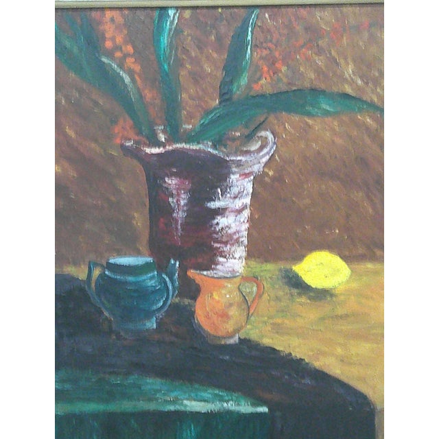 A bold, textural still life that radiates warmth and character. Deep, saturated tones of maroon, ochre, green, and rust...