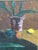 A bold, textural still life that radiates warmth and character. Deep, saturated tones of maroon, ochre, green, and rust...