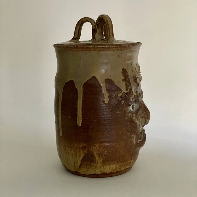 Ceramic Sculpted Face on Vintage Signed Studio Pottery Ceramic Canister Jar With Lid For Sale - Image 7 of 11