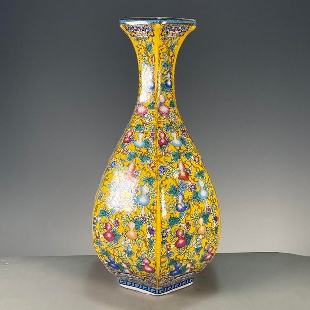 Chinese Yellow Ground Famille Rose Porcelain Hexagonal Vase With Gourd Motif For Sale In Los Angeles - Image 6 of 9