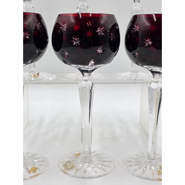 1960s Set of 6 Vintage Ajka Marsala Ruby Red Cut to Clear Crystal Hock Wine Glass. For Sale - Image 5 of 13