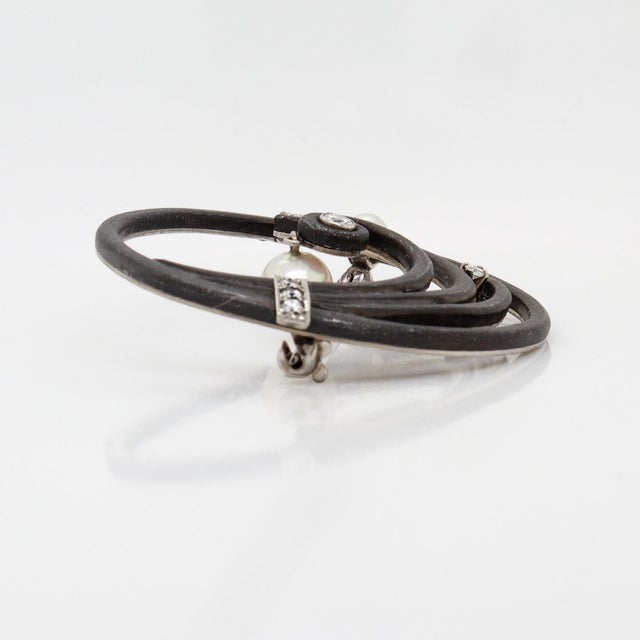 Metal Marsh & Co. Art Deco Blackened Steel, 14k Gold, Pearl, & Diamond Brooch or Pin For Sale - Image 7 of 10