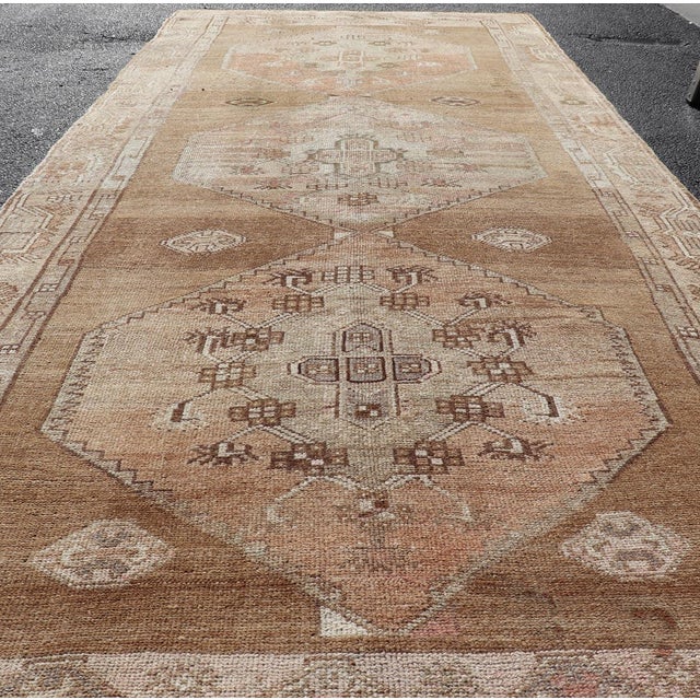 Textile Vintage Turkish Kars Gallery Runner With Geometric Medallions in Soft Earth Tone For Sale - Image 7 of 13