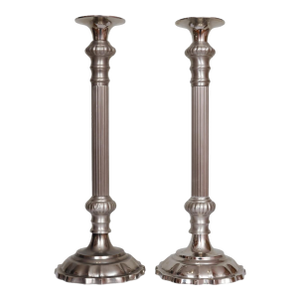 Pewter and Nickel Pillar Column Candlestick Holders, a Pair