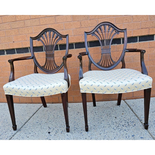 Wood Pair of George III Style Mahogany Shield-Back and Upholstered Arm Chairs For Sale - Image 7 of 11