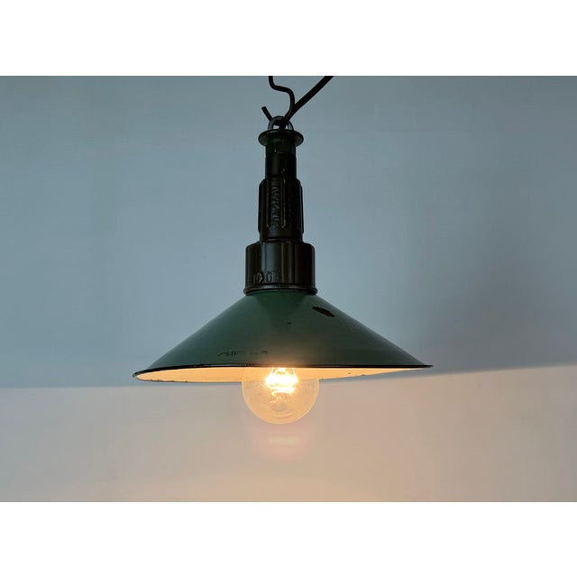 Industrial Petrol Enamel Military Pendant Lamp with Cast Aluminium Top, 1960s For Sale - Image 9 of 18