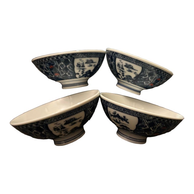Set of 4 Aritaware Japanese Blue & White Porcelain Rice Bowls With Landscape Motifs, Mid-20th Century For Sale