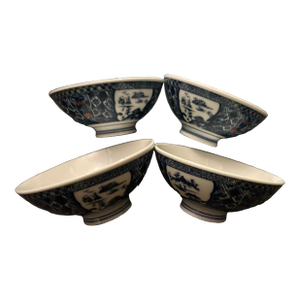 Set of 4 Aritaware Japanese Blue & White Porcelain Rice Bowls With Landscape Motifs, Mid-20th Century