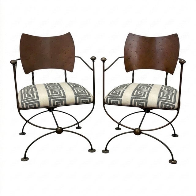 Metal Savonarola Campaign Style Iron / Steel X-Base Chairs Greek Key Upholstery - Pair For Sale - Image 7 of 7