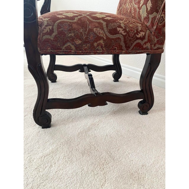 Wood Baroque Style Renaissance Revival Tuscan Tall Back Carved Open Armchairs Upholstered Seat and Back Excellent Condition. For Sale - Image 7 of 17