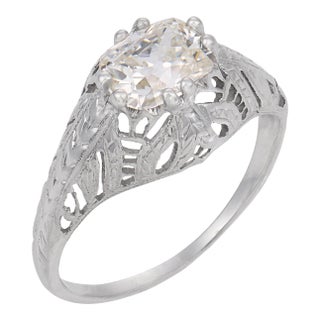 1930s Art Deco Gia 0.91 Carat East West Old Mine Cut Diamond 18k Gold Engagement Ring, Size 5.25 For Sale