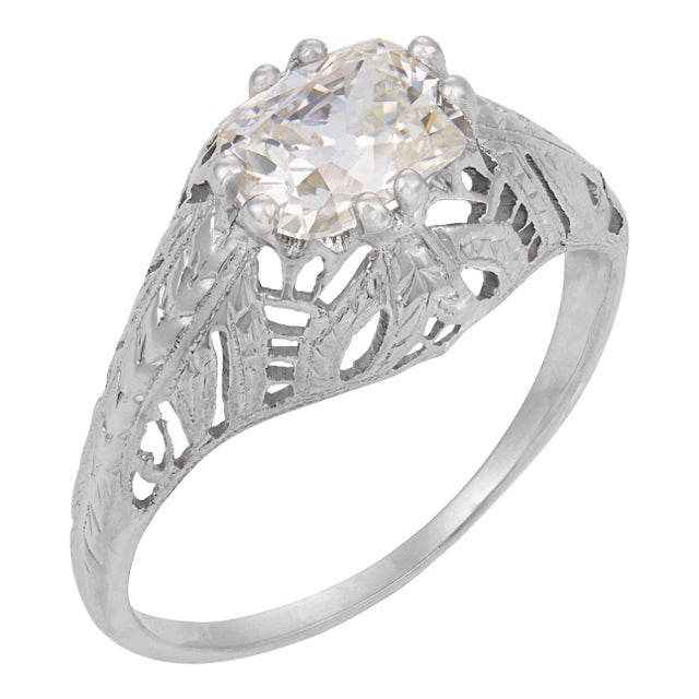 1930s Art Deco Gia 0.91 Carat East West Old Mine Cut Diamond 18k Gold Engagement Ring, Size 5.25 For Sale