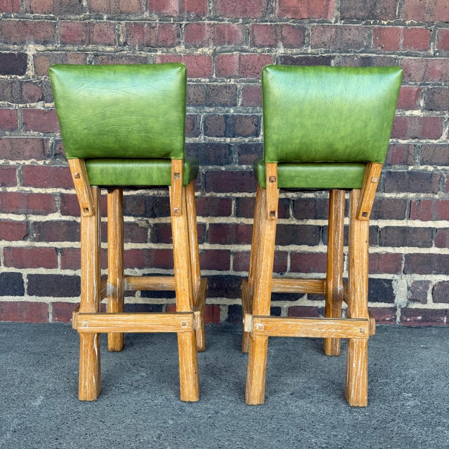 Ranch Oak Pair of Rustic Green Leather Bar Stools by Ranch Oak For Sale - Image 4 of 12