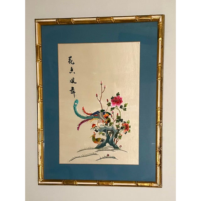 Vintage Chinese Silk Hand Embroidery in a Custom Gilt Bamboo Wood Frame For Sale In New York - Image 6 of 12