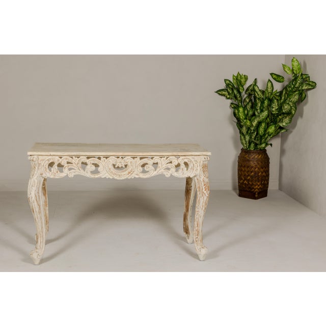 Early 21st Century Rococo Style Painted Console Table with Carved Apron and Distressed Finish For Sale - Image 5 of 12