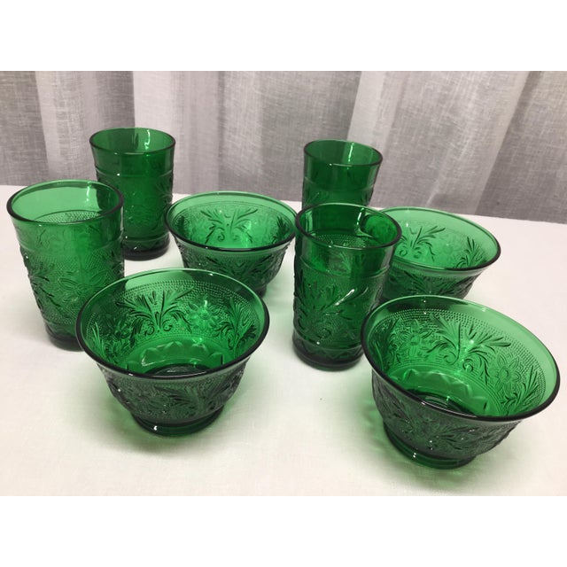 1930s Green Depression Era Sandwich Glass Oatmeal Cups and Juice Glasses 8 Pieces Chairish