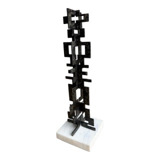 Mid-Century Brutalist Welded Steel & Marble Abstract Sculpture, Hand Made For Sale