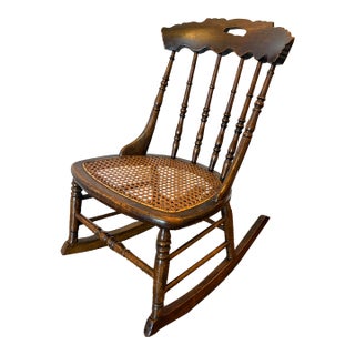 Antique Victorian Spindle Back Rocking Chair With Woven Cane Seat, Circa 1880–1900 For Sale