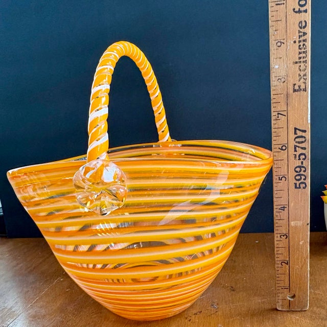 Vintage Art Glass Basket Bowl by Block Crystal – Orange White Striped Murano Style Hand Blown Glass Basket – Decorative Glass Centerpiece For Sale - Image 9 of 9