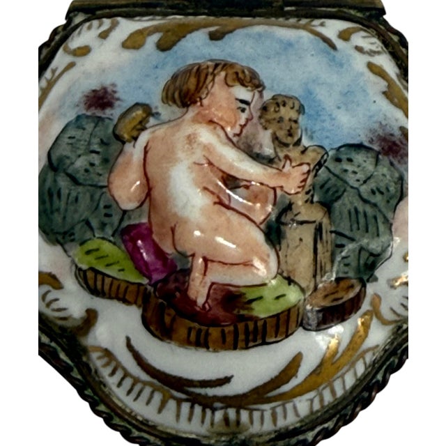 Late 19th Century Capodimonte Porcelain Hand-painted Pentagon Shape Trinket Box with Cherub Scene and Crowned "N" Mark....