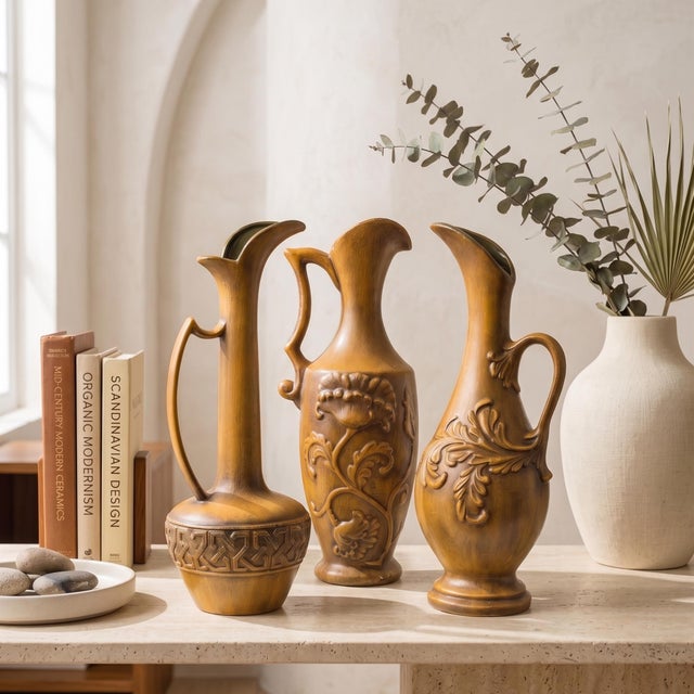 Gold Set of 3 Royal Haeger Ewer Vases, Gold Ceramic Pottery Pitcher Set, Mid Century Old World Mantel Decor For Sale - Image 8 of 18