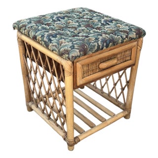 Antique Tapestry Covered Rattan Side Table For Sale