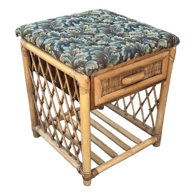 Antique Tapestry Covered Rattan Side Table For Sale
