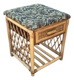 Antique Tapestry Covered Rattan Side Table